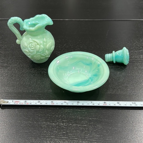 Avon Vintage Teal Oil Pitcher with Stopper and Bowl Set - Picture 10 of 10